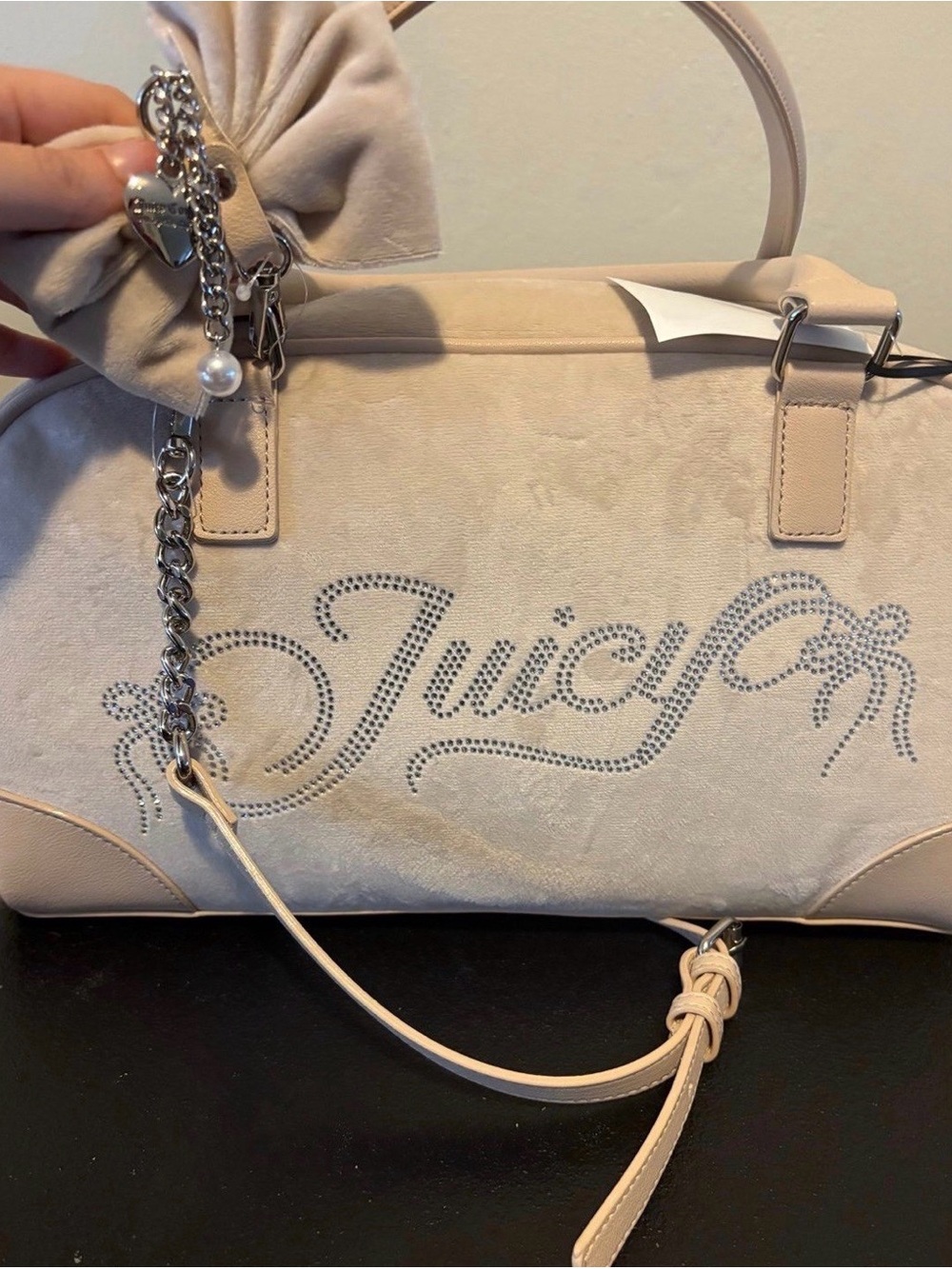 NWT Juicy Couture Beige Velour Rhinestone Bow Satchel Bag Crossbody